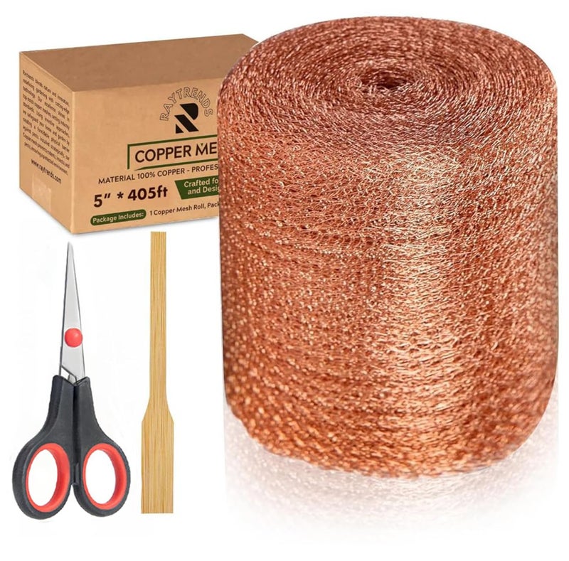 RAYTRENDS 3rd Gen Copper Mesh Rodent Control Kit 5" x 405ft, 100% Premium Copper Wool for Sealing Holes & Water Gaps, Blocks Slugs, Snails, Mice & Pests – with Scissors & Packing Tool - Image 1